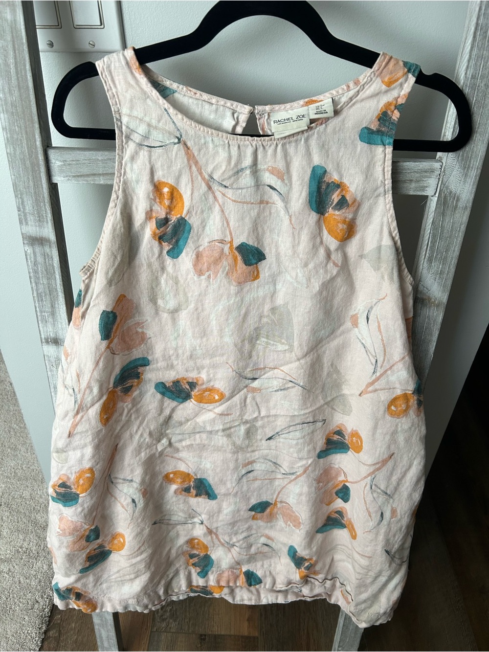 Rachel Zoe Peach Floral Linen Dress with Teal & Mustard Accents